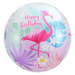 Фольгированный шарик Сфера 3D, С Днем Рождения (фламинго) 61 см
